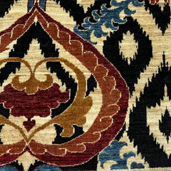 Chobi 4.9 x 3.3 Rug – Ikat Floral Medallion Design in Maroon, Ochre & Midnight Black