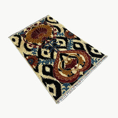 Chobi 4.9 x 3.3 Rug – Ikat Floral Medallion Design in Maroon, Ochre & Midnight Black