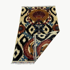 Chobi 4.9 x 3.3 Rug – Ikat Floral Medallion Design in Maroon, Ochre & Midnight Black