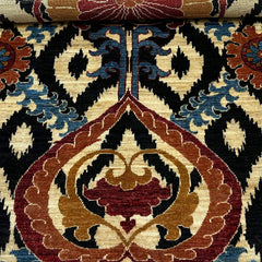 Chobi 4.9 x 3.3 Rug – Ikat Floral Medallion Design in Maroon, Ochre & Midnight Black