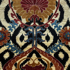 Chobi 4.9 x 3.3 Rug – Ikat Floral Medallion Design in Maroon, Ochre & Midnight Black