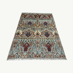 Hand-Knotted Chobi 8 x 5.8 Rug – Sky Blue Botanical Elegance with Multicolor Medallions