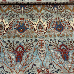 Hand-Knotted Chobi 8 x 5.8 Rug – Sky Blue Botanical Elegance with Multicolor Medallions