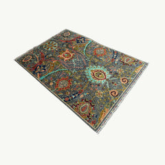 Hand-Knotted Chobi 6.7 x 4.8 Rug – Vibrant Floral Medallions on Graphite Grey Base