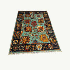 Chobi 6.5 x 5 Rug – Botanical Garden Design in Turquoise, Navy, and Marigold