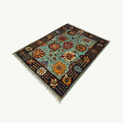 Chobi 6.5 x 5 Rug – Botanical Garden Design in Turquoise, Navy, and Marigold