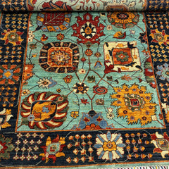 Chobi 6.5 x 5 Rug – Botanical Garden Design in Turquoise, Navy, and Marigold