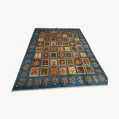 Ayna 9.9 x 8.2 Rug – Tribal Garden Grid in Sky Blue, Ochre & Rust Red