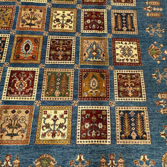 Ayna 9.9 x 8.2 Rug – Tribal Garden Grid in Sky Blue, Ochre & Rust Red
