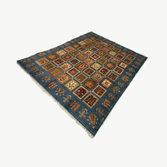 Ayna 9.9 x 8.2 Rug – Tribal Garden Grid in Sky Blue, Ochre & Rust Red