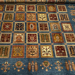 Ayna 9.9 x 8.2 Rug – Tribal Garden Grid in Sky Blue, Ochre & Rust Red
