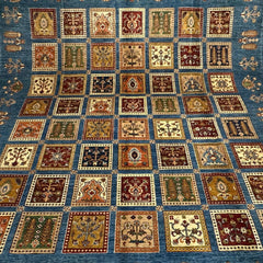 Ayna 9.9 x 8.2 Rug – Tribal Garden Grid in Sky Blue, Ochre & Rust Red