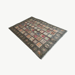 Ayna 9.5 x 6.7 Rug – Ground Patchwork Gabbeh Influence Heritage Medallions on Smoky Charcoal