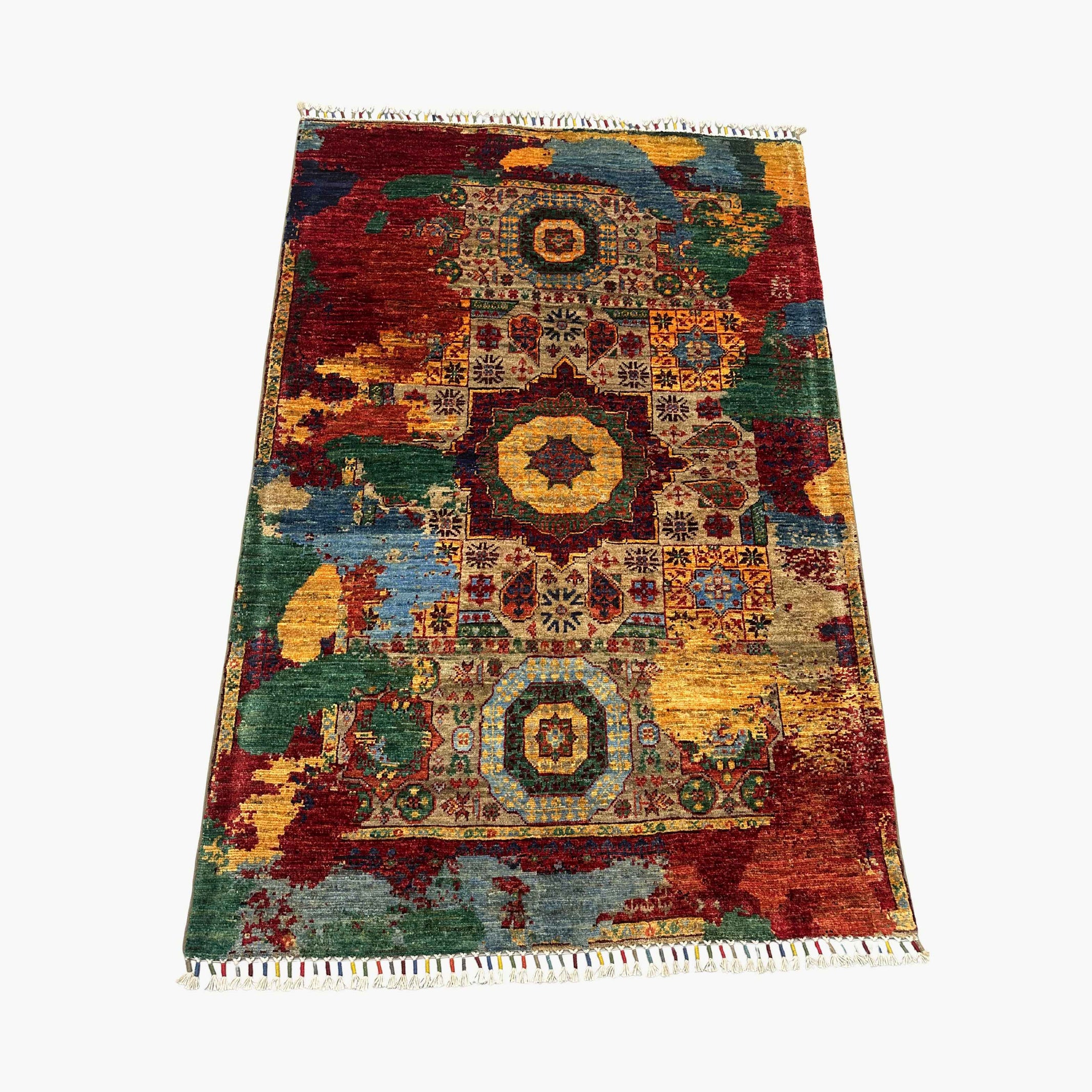 Mumlook 4.9 x 3.3 Wool Rug – Medallion Symphony in Crimson, Gold & Sage