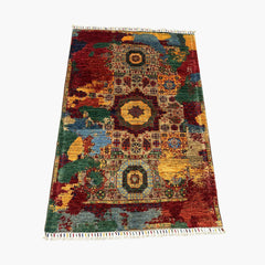 Mumlook 4.9 x 3.3 Wool Rug – Medallion Symphony in Crimson, Gold & Sage