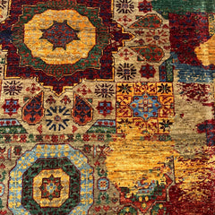 Mumlook 4.9 x 3.3 Wool Rug – Medallion Symphony in Crimson, Gold & Sage