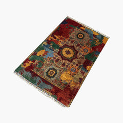 Mumlook 4.9 x 3.3 Wool Rug – Medallion Symphony in Crimson, Gold & Sage