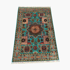 Mumlook 4.8 x 3.1 Wool Rug – Floral Geometry in Aqua Blue & Burnt Sienna