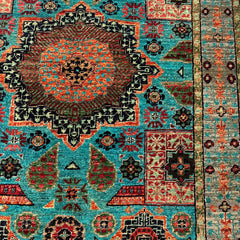 Mumlook 4.8 x 3.1 Wool Rug – Floral Geometry in Aqua Blue & Burnt Sienna