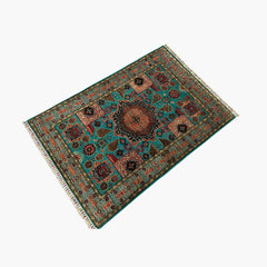 Mumlook 4.8 x 3.1 Wool Rug – Floral Geometry in Aqua Blue & Burnt Sienna