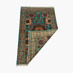 Mumlook 4.8 x 3.1 Wool Rug – Floral Geometry in Aqua Blue & Burnt Sienna