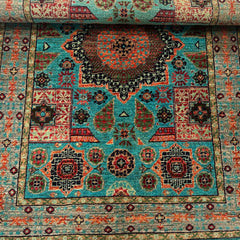 Mumlook 4.8 x 3.1 Wool Rug – Floral Geometry in Aqua Blue & Burnt Sienna