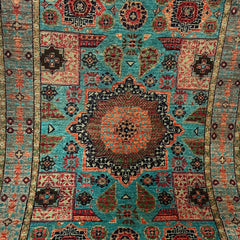 Mumlook 4.8 x 3.1 Wool Rug – Floral Geometry in Aqua Blue & Burnt Sienna