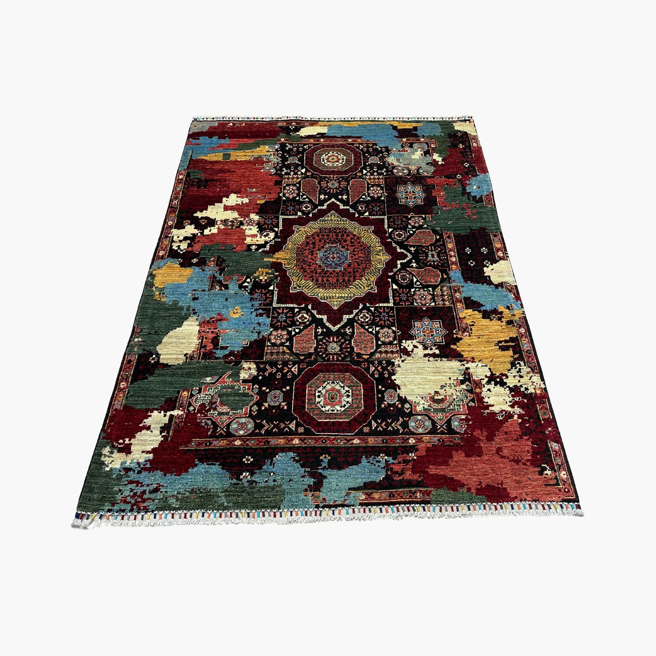 Mumlook 6.4 x 4.9 Wool Rug – Multicolor Distressed Medallion on Black Field