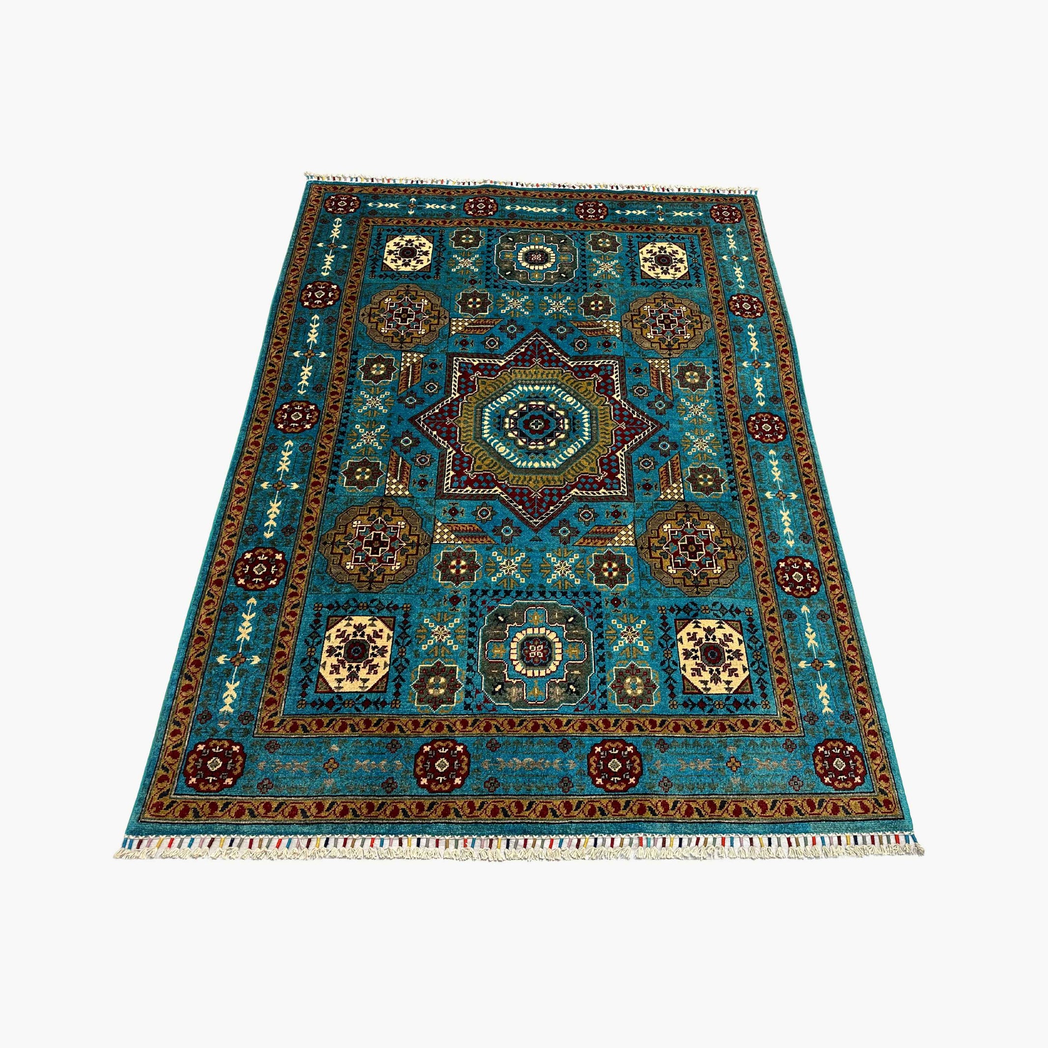 Mumlook 6.4 x 4.9 Wool Rug – Star Medallion in Turquoise, Ruby & Sand