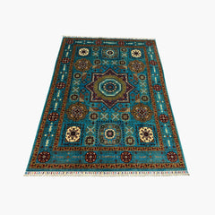 Mumlook 6.4 x 4.9 Wool Rug – Star Medallion in Turquoise, Ruby & Sand