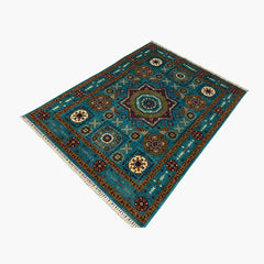 Mumlook 6.4 x 4.9 Wool Rug – Star Medallion in Turquoise, Ruby & Sand