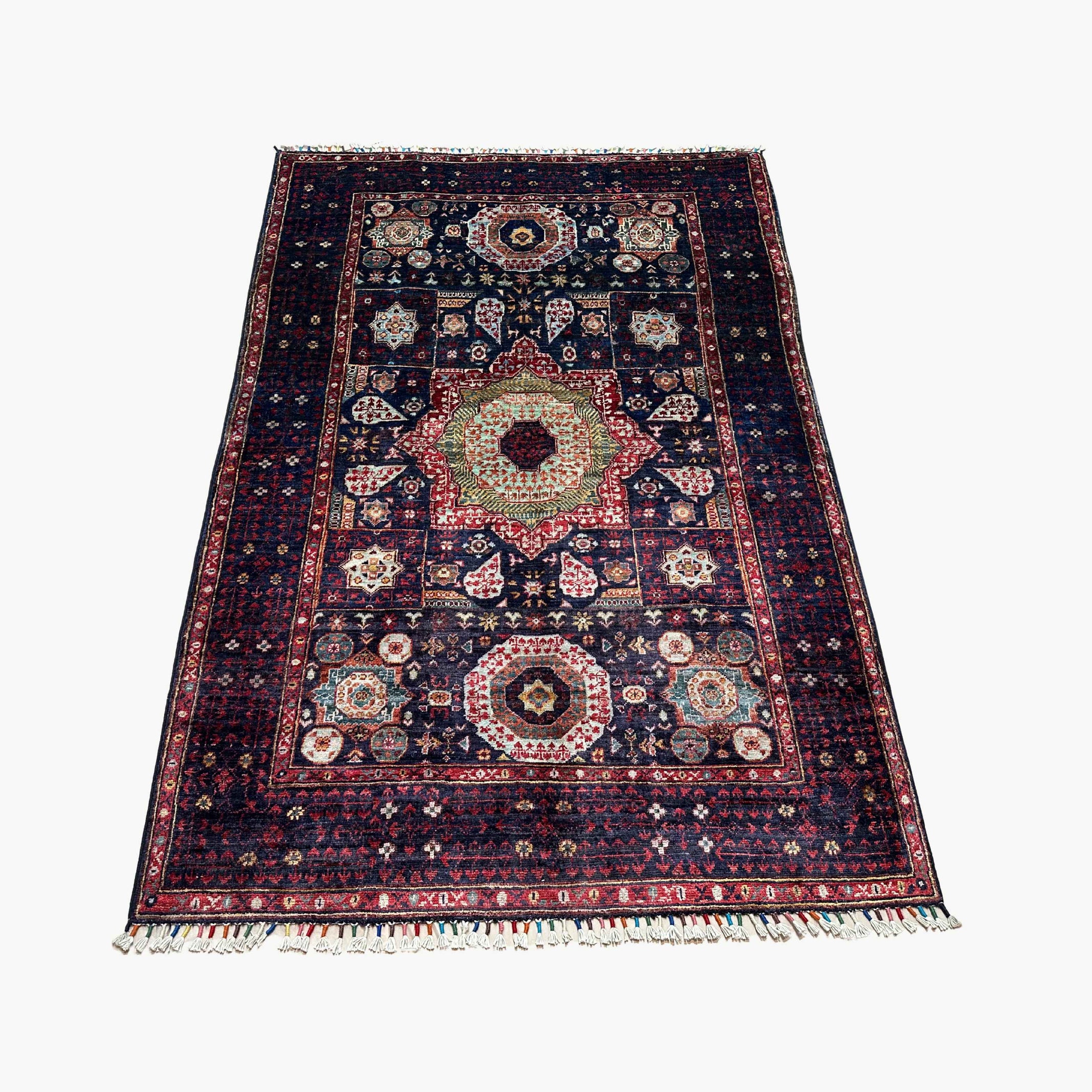Mumlook 5.7 x 3.9 Wool Rug – Central Medallion with Floral Geometry in Navy & Burgundy