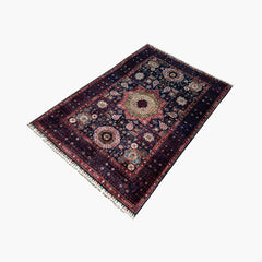 Mumlook 5.7 x 3.9 Wool Rug – Central Medallion with Floral Geometry in Navy & Burgundy