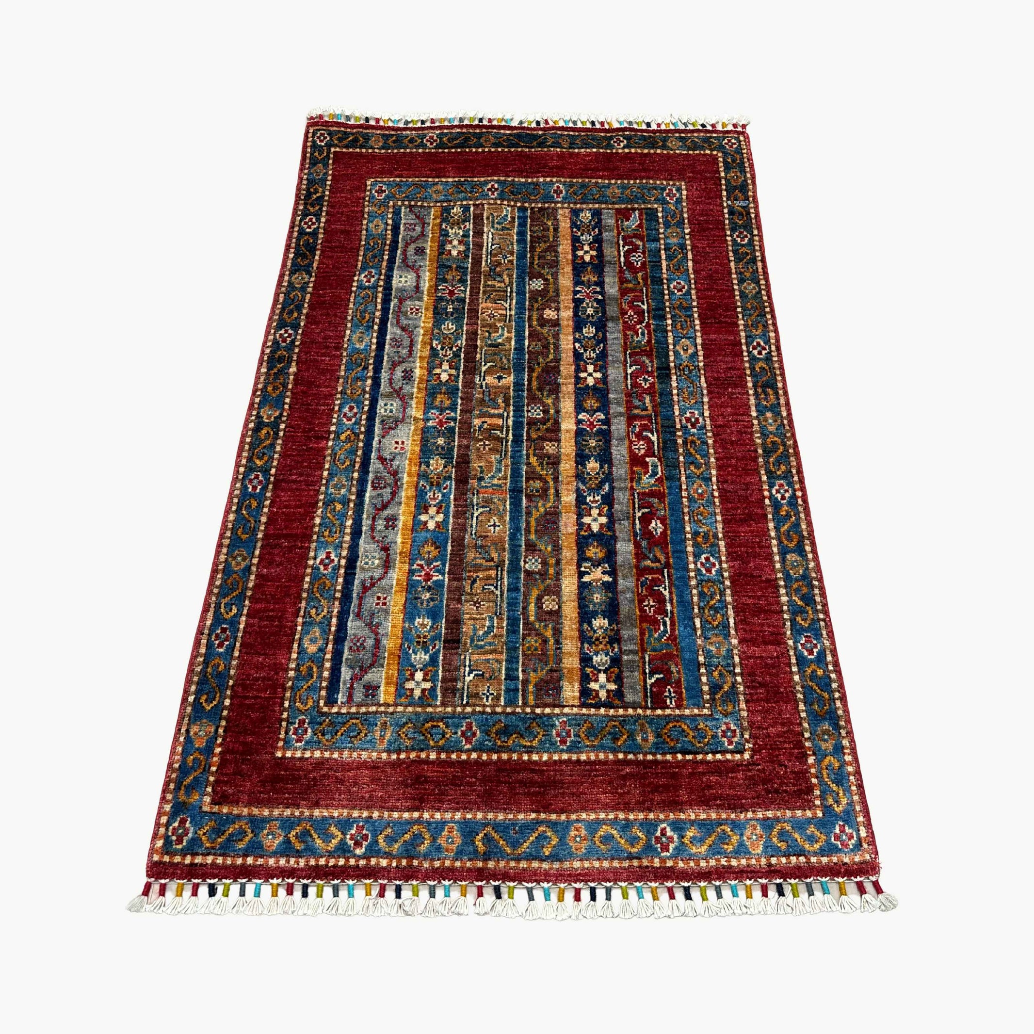Shaal 4.2 x 2.6 Wool Rug – Tribal Stripes & Crimson Borders