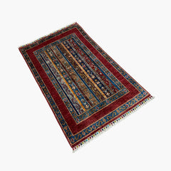 Shaal 4.2 x 2.6 Wool Rug – Tribal Stripes & Crimson Borders