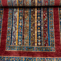 Shaal 4.2 x 2.6 Wool Rug – Tribal Stripes & Crimson Borders