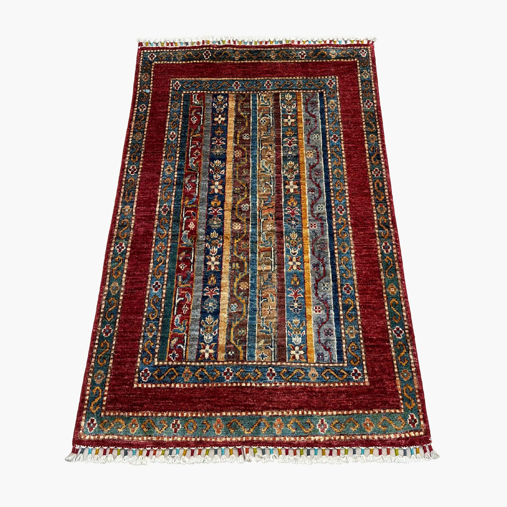 Shaal 4.1 x 2.6 Wool Rug – Crimson & Teal Striped Tribal Harmony