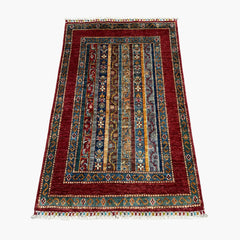 Shaal 4.1 x 2.6 Wool Rug – Crimson & Teal Striped Tribal Harmony