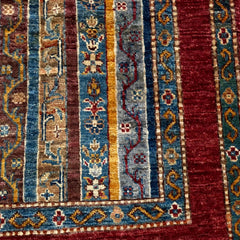 Shaal 4.1 x 2.6 Wool Rug – Crimson & Teal Striped Tribal Harmony