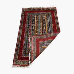 Shaal 4.1 x 2.6 Wool Rug – Crimson & Teal Striped Tribal Harmony