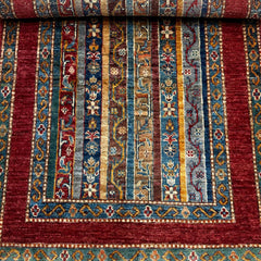 Shaal 4.1 x 2.6 Wool Rug – Crimson & Teal Striped Tribal Harmony