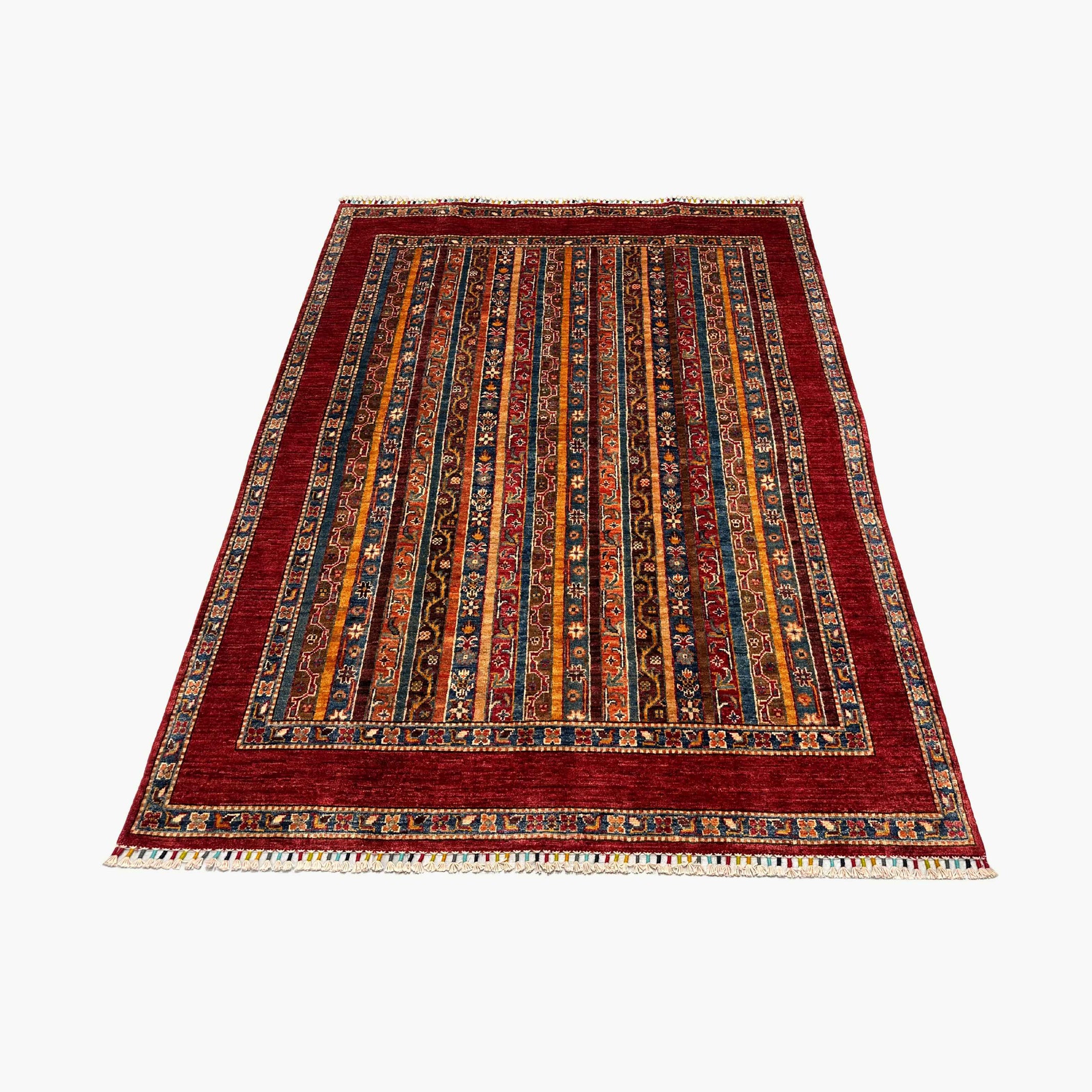 Shaal 6.6 x 5 Wool Rug – Nomadic Stripe Symphony in Ruby & Earth