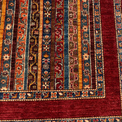 Shaal 6.6 x 5 Wool Rug – Nomadic Stripe Symphony in Ruby & Earth