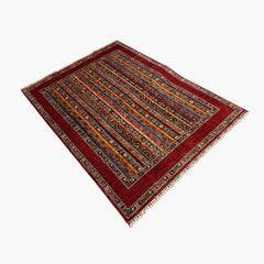 Shaal 6.6 x 5 Wool Rug – Nomadic Stripe Symphony in Ruby & Earth