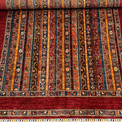 Shaal 6.6 x 5 Wool Rug – Nomadic Stripe Symphony in Ruby & Earth