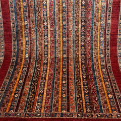 Shaal 6.6 x 5 Wool Rug – Nomadic Stripe Symphony in Ruby & Earth