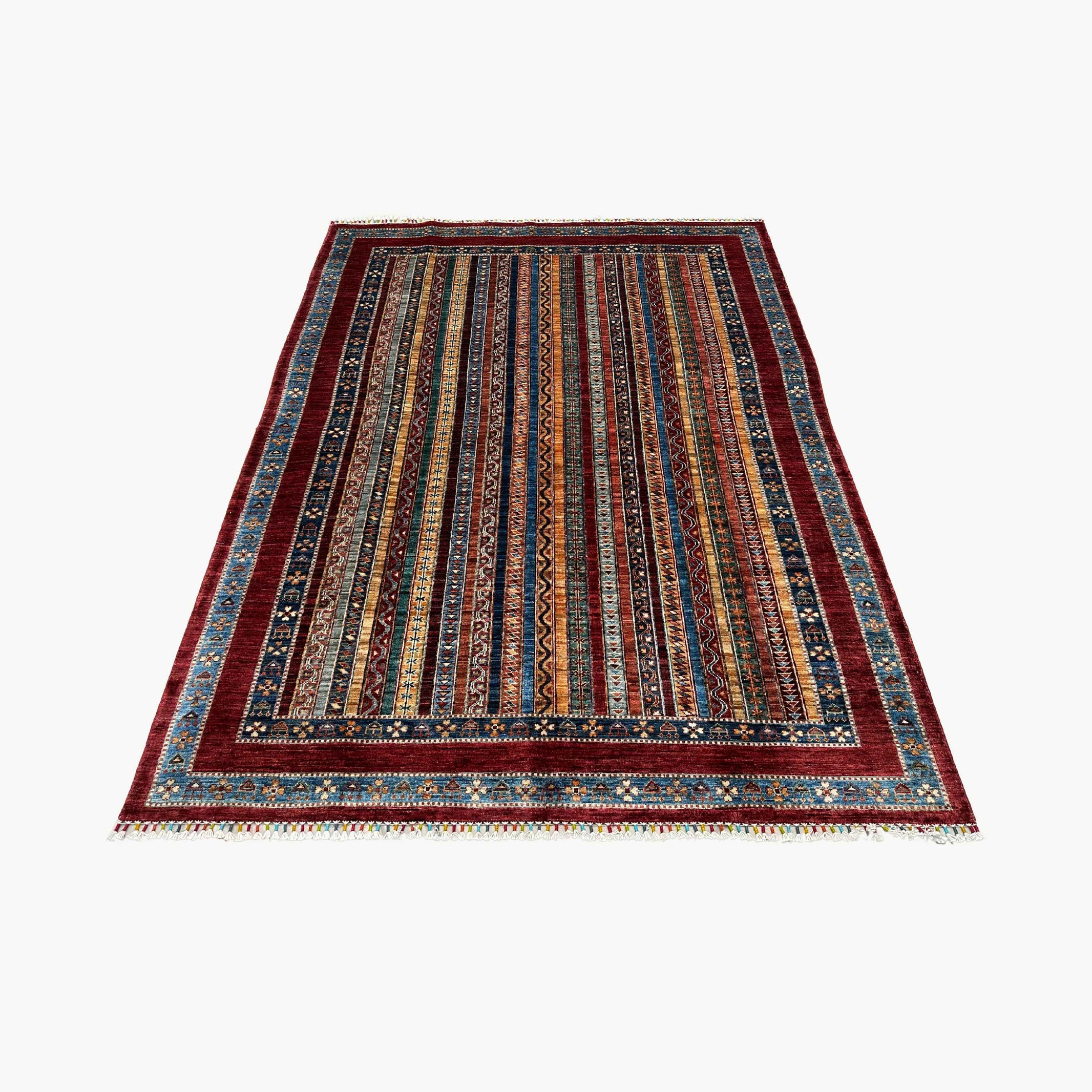 Shaal 7.6 x 5.8 Wool Rug – Tribal Stripe Symphony in Crimson & Indigo