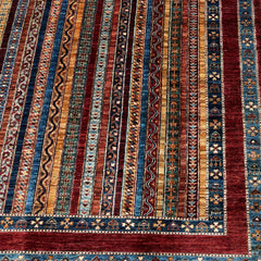 Shaal 7.6 x 5.8 Wool Rug – Tribal Stripe Symphony in Crimson & Indigo