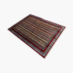 Shaal 7.6 x 5.8 Wool Rug – Tribal Stripe Symphony in Crimson & Indigo