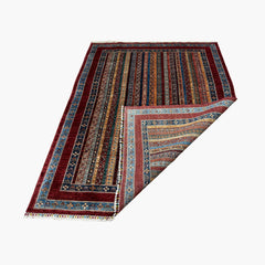 Shaal 7.6 x 5.8 Wool Rug – Tribal Stripe Symphony in Crimson & Indigo